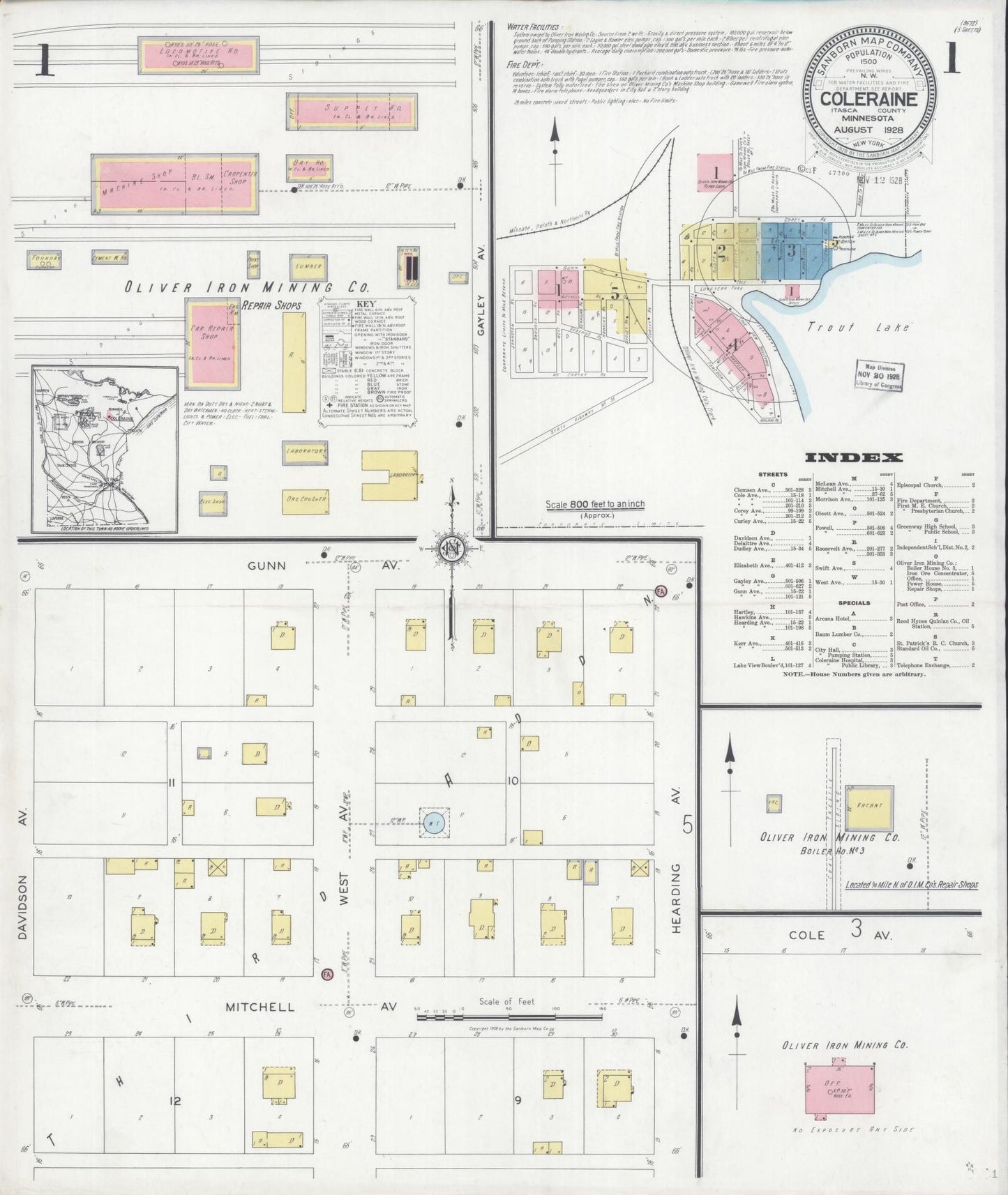 Sanborn Fire Insurance Map from Coleraine, Itasca County, Minnesota (1928), Sheet #0001 - Historic Sanborn Fire Insurance Map Print, vintage old map wall art, antique decor, genealogy gift, Minnesota Minnesota map