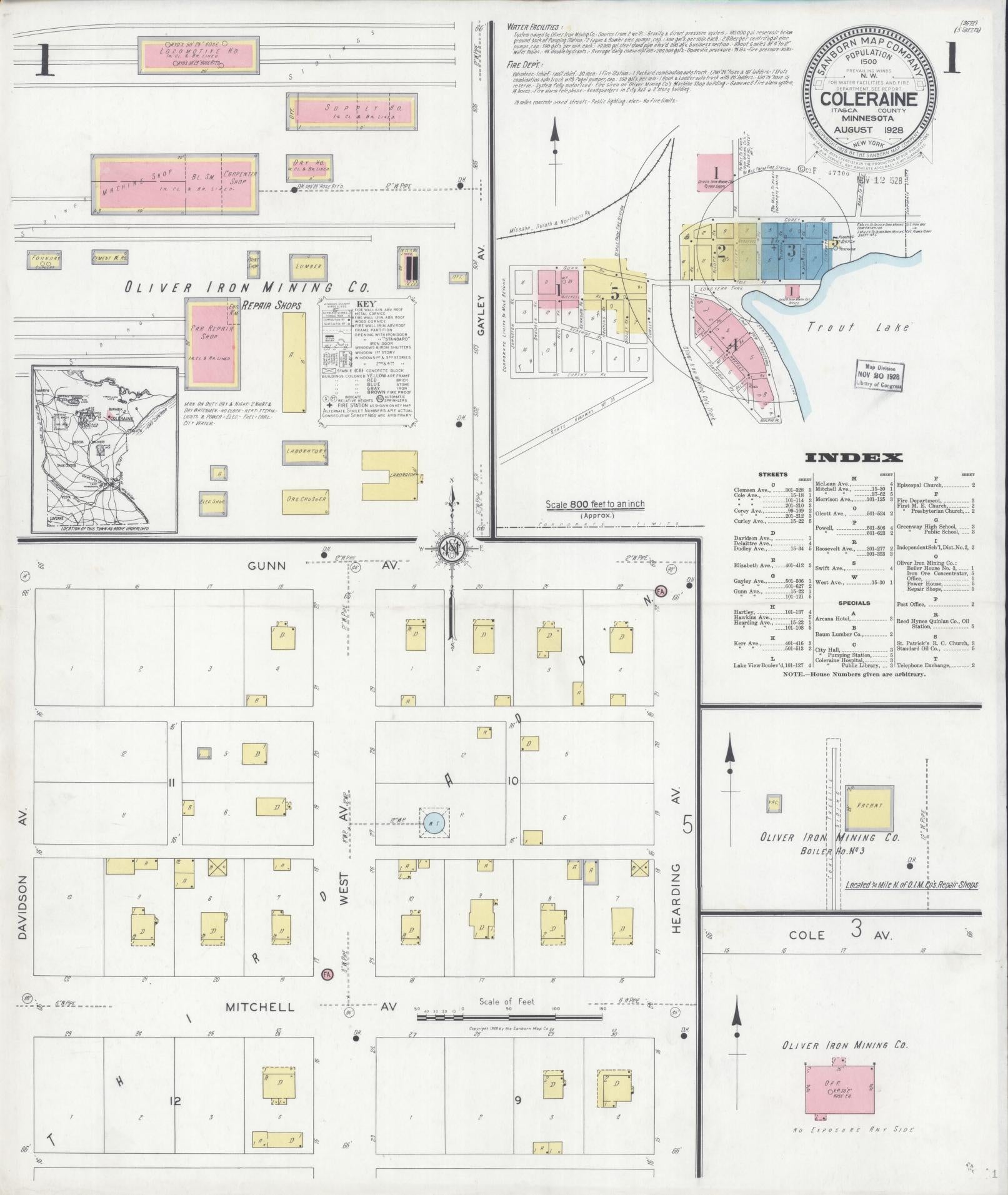 Sanborn Fire Insurance Map from Coleraine, Itasca County, Minnesota (1928), Sheet #0001 - Historic Sanborn Fire Insurance Map Print, vintage old map wall art, antique decor, genealogy gift, Minnesota Minnesota map