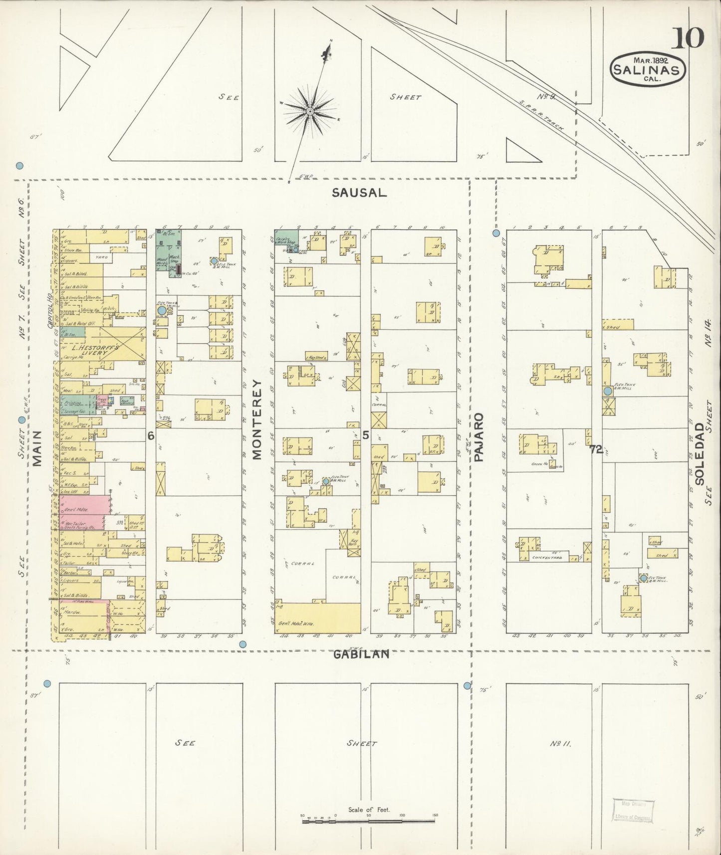 Sanborn Fire Insurance Map from Salinas, Monterey County, California (1892), Sheet #0010 - Complete Map Set gallery image, historic Sanborn map, vintage wall art, California California