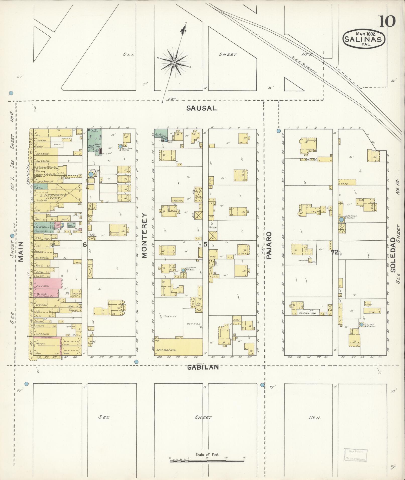 Sanborn Fire Insurance Map from Salinas, Monterey County, California (1892), Sheet #0010 - Complete Map Set gallery image, historic Sanborn map, vintage wall art, California California