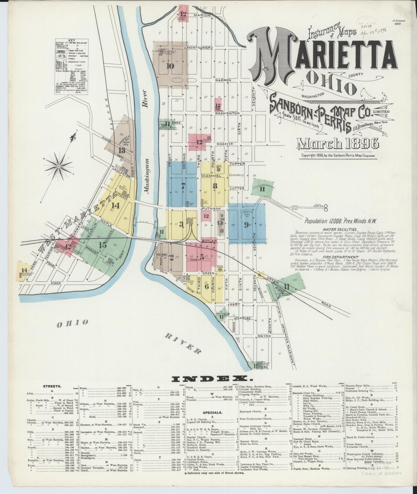 Sanborn Fire Insurance Map from Marietta, Washington County, Ohio (1896), Sheet #0001 - Historic Sanborn Fire Insurance Map Print, vintage old map wall art, antique decor, genealogy gift, Ohio Ohio map