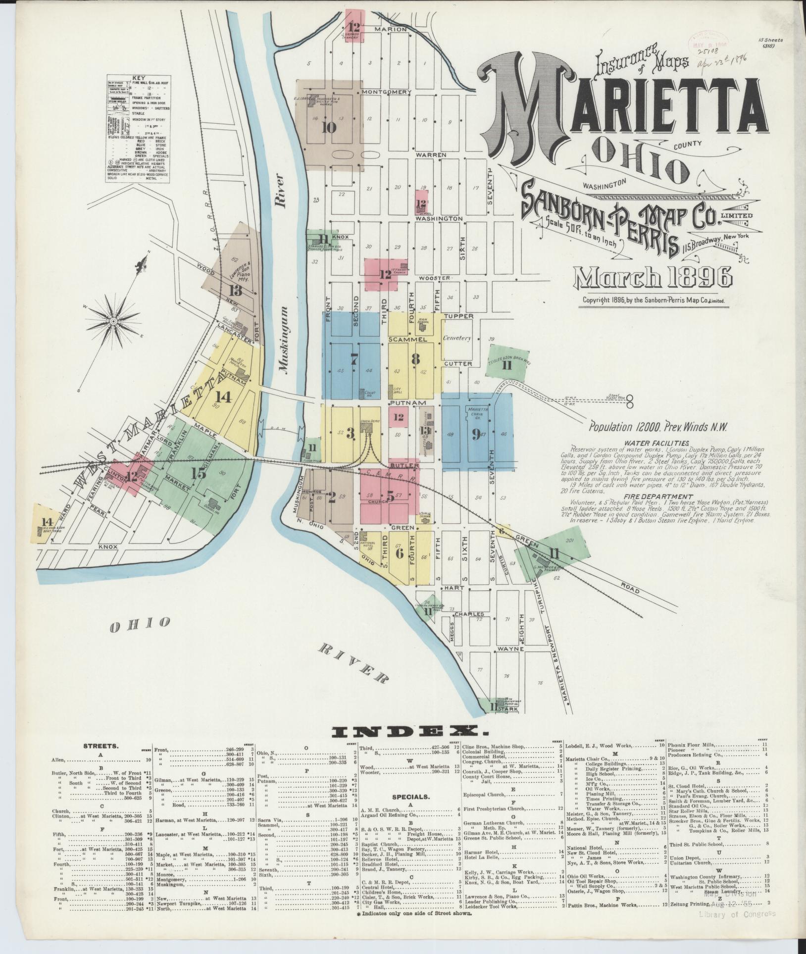 Sanborn Fire Insurance Map from Marietta, Washington County, Ohio (1896), Sheet #0001 - Historic Sanborn Fire Insurance Map Print, vintage old map wall art, antique decor, genealogy gift, Ohio Ohio map