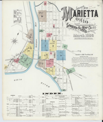 Sanborn Fire Insurance Map from Marietta, Washington County, Ohio (1896), Sheet #0001 - Historic Sanborn Fire Insurance Map Print, vintage old map wall art, antique decor, genealogy gift, Ohio Ohio map