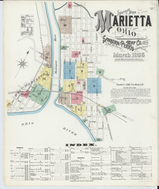 Sanborn Fire Insurance Map from Marietta, Washington County, Ohio (1896), Sheet #0001 - Historic Sanborn Fire Insurance Map Print, vintage old map wall art, antique decor, genealogy gift, Ohio Ohio map