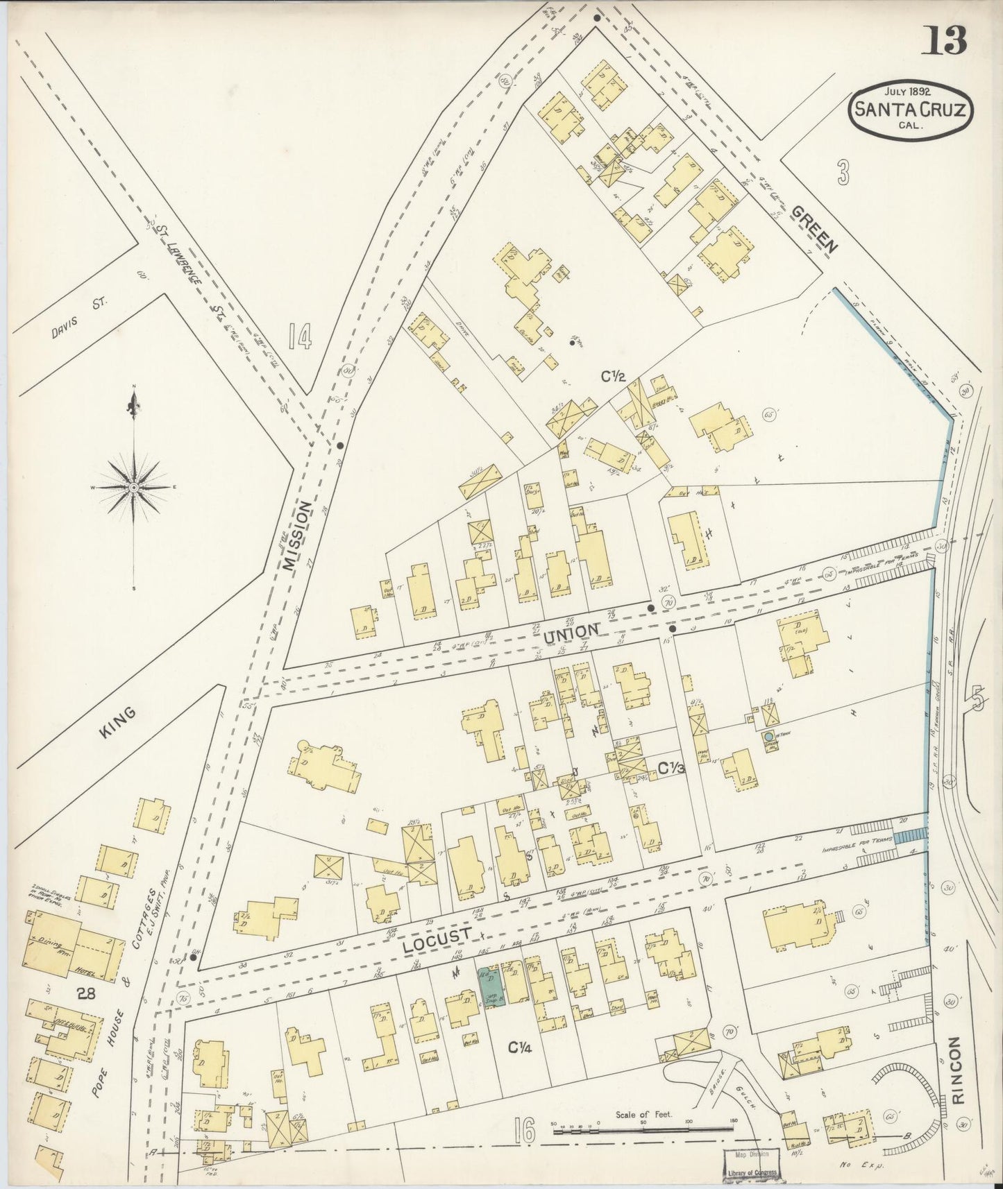 Sanborn Fire Insurance Map from Santa Cruz, Santa Cruz County, California (1892), Sheet #0013 - Complete Map Set gallery image, historic Sanborn map, vintage wall art, California California
