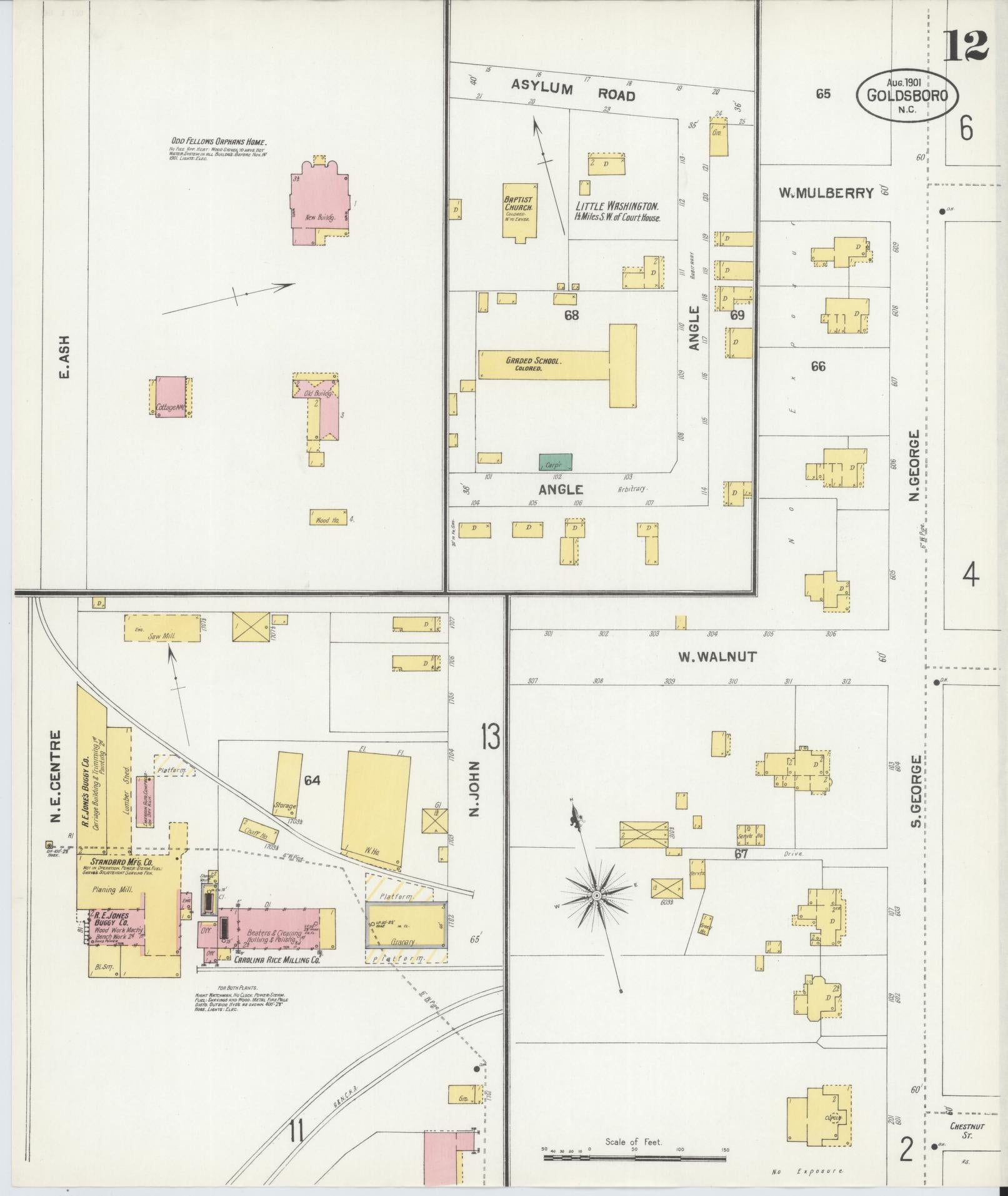 Sanborn Fire Insurance Map from Goldsboro, Wayne County, North Carolina (1901), Sheet #0012 - Historic Sanborn Fire Insurance Map Print, vintage old map wall art, antique decor, genealogy gift, North Carolina North Carolina map