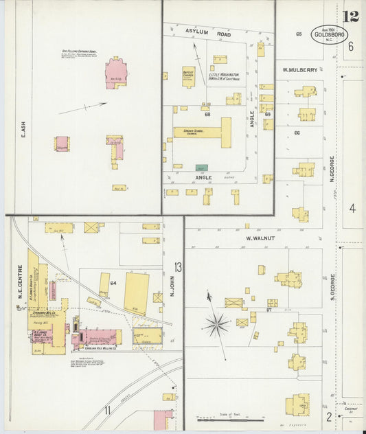 Sanborn Fire Insurance Map from Goldsboro, Wayne County, North Carolina (1901), Sheet #0012 - Historic Sanborn Fire Insurance Map Print, vintage old map wall art, antique decor, genealogy gift, North Carolina North Carolina map