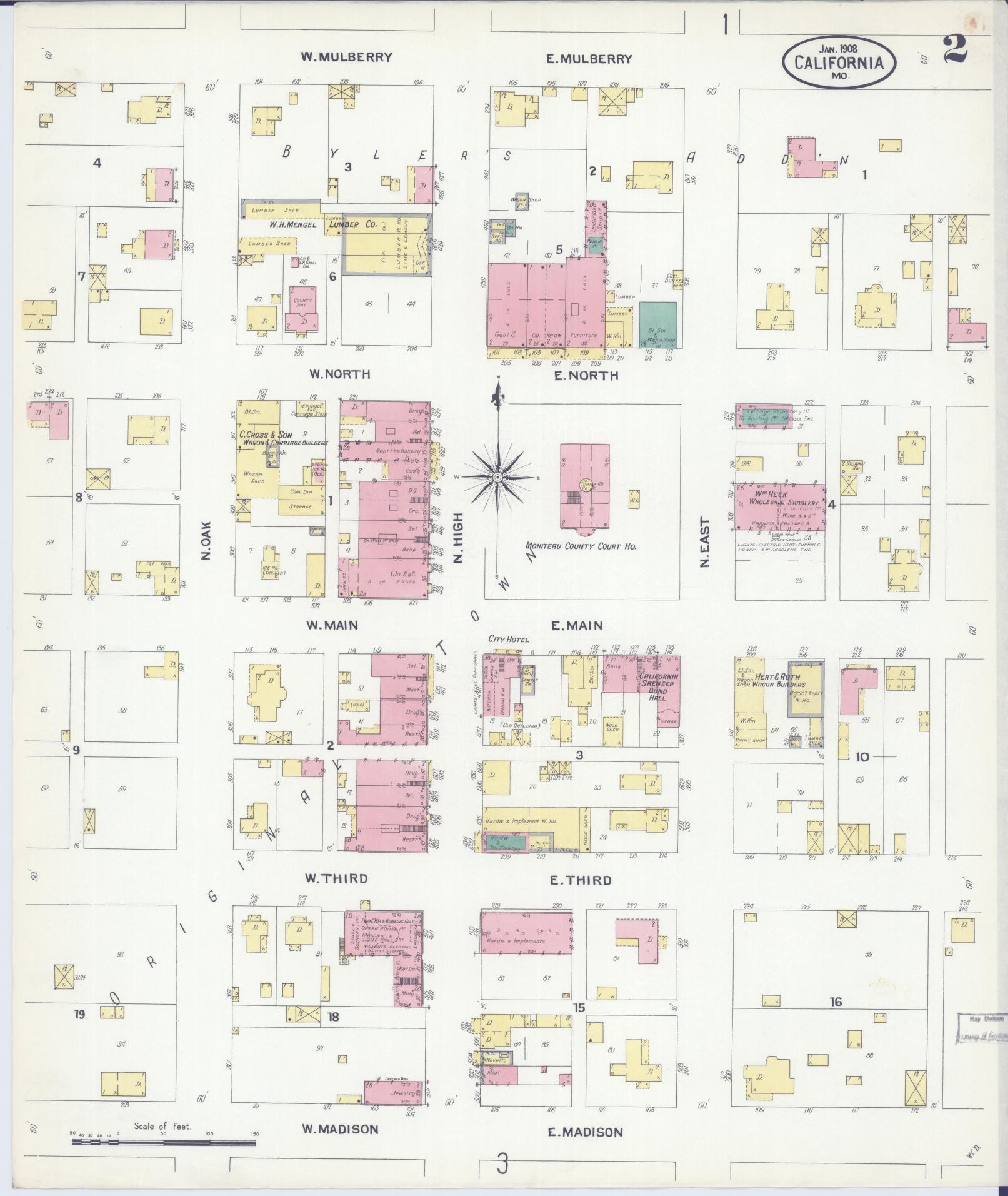 Sanborn Fire Insurance Map from California, Moniteau County, Missouri (1908), Sheet #0002 - Complete Map Set gallery image, historic Sanborn map, vintage wall art, California California