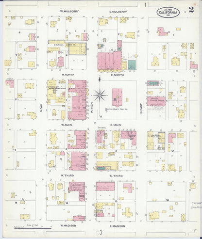 Sanborn Fire Insurance Map from California, Moniteau County, Missouri (1908), Sheet #0002 - Complete Map Set gallery image, historic Sanborn map, vintage wall art, California California