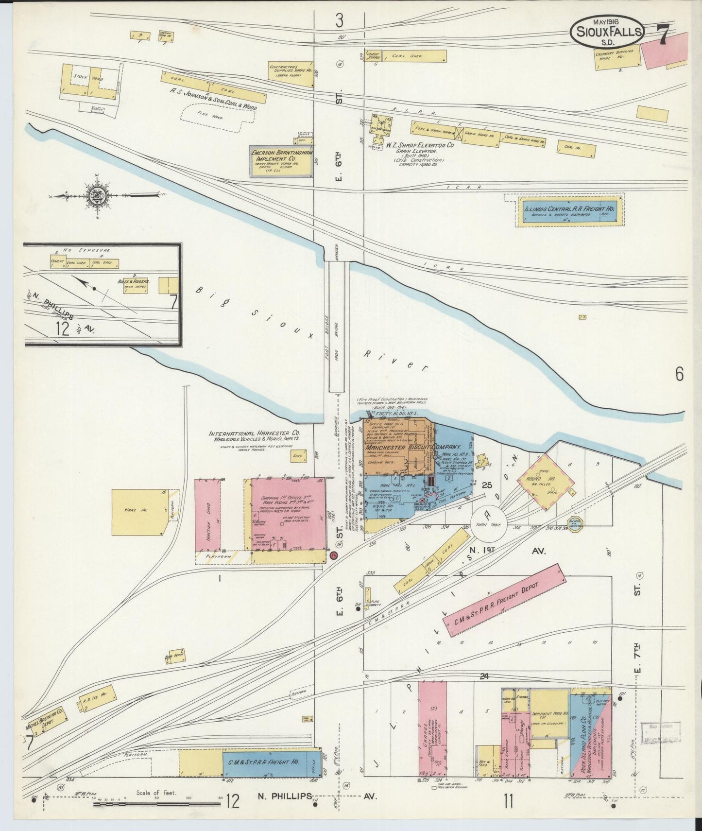 Sanborn Fire Insurance Map from Sioux Falls, Minnehaha County, South Dakota (1916), Sheet #0007 - Complete Map Set gallery image, historic Sanborn map, vintage wall art, South Dakota South Dakota