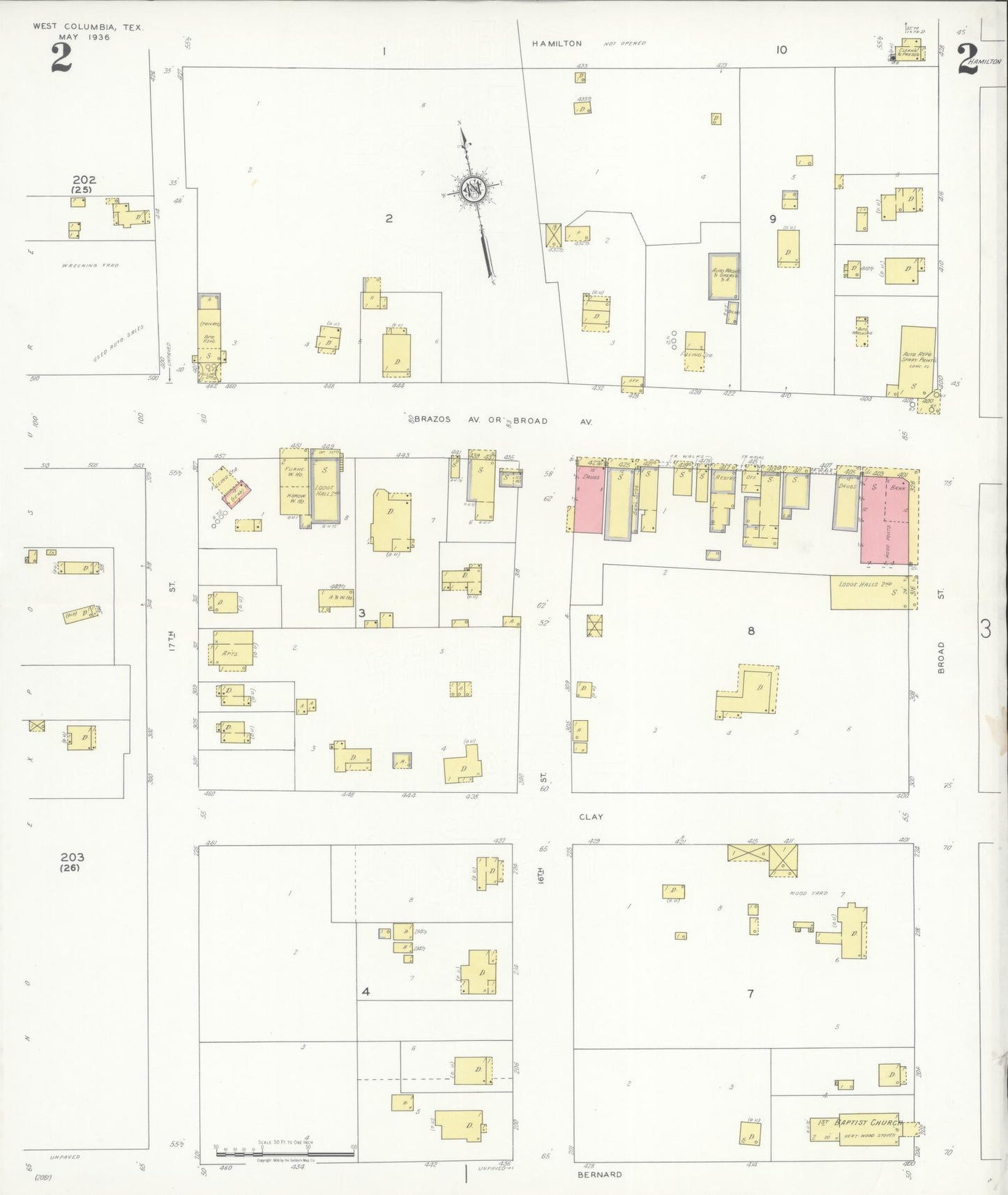 Sanborn Fire Insurance Map from West Columbia, Brazoria County, Texas (1936), Sheet #0002 - Historic Sanborn Fire Insurance Map Print, vintage old map wall art, antique decor, genealogy gift, Texas Texas map