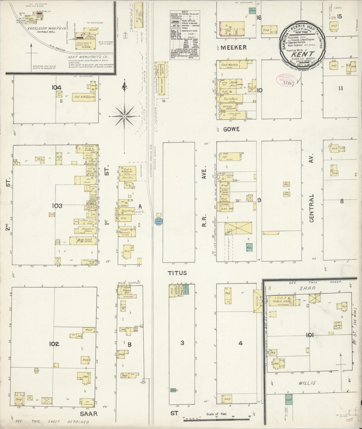 Sanborn Fire Insurance Map from Kent, King County, Washington (1890), Sheet #0001 - Historic Sanborn Fire Insurance Map Print, vintage old map wall art, antique decor, genealogy gift, Washington Washington map