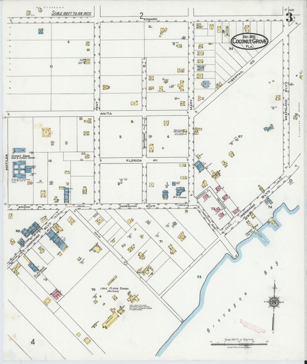 Sanborn Fire Insurance Map from Coconut Grove, Dade County, Florida (1920), Sheet #0003 - Historic Sanborn Fire Insurance Map Print, vintage old map wall art, antique decor, genealogy gift, Florida Florida map