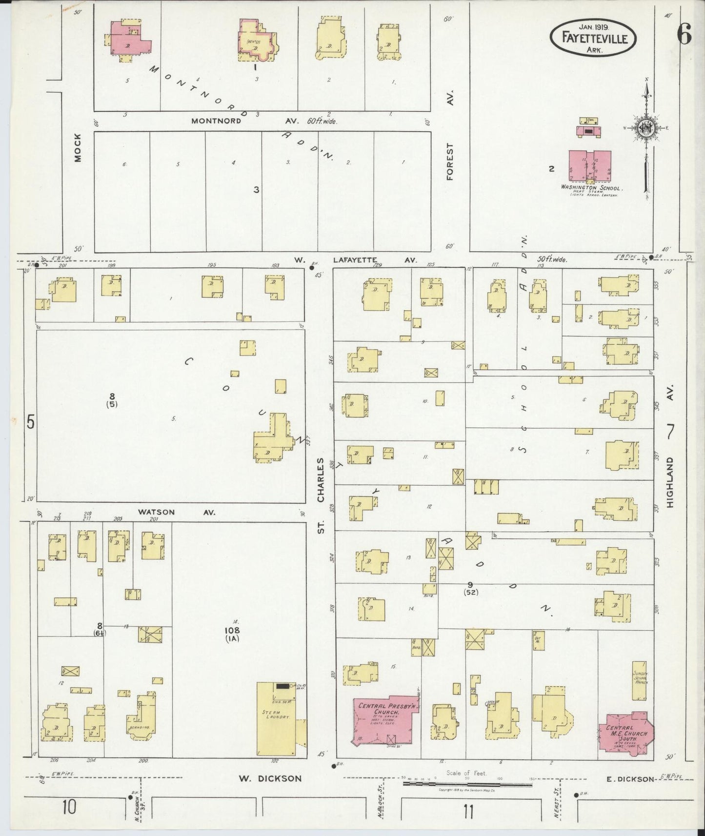 Sanborn Fire Insurance Map from Fayetteville, Washington County, Arkansas (1919), Sheet #0006 - Historic Sanborn Fire Insurance Map Print, vintage old map wall art, antique decor, genealogy gift, Arkansas Arkansas map