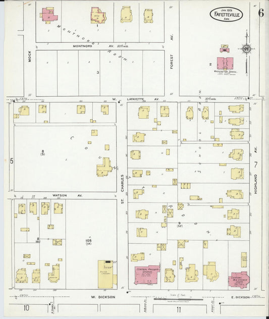 Sanborn Fire Insurance Map from Fayetteville, Washington County, Arkansas (1919), Sheet #0006 - Historic Sanborn Fire Insurance Map Print, vintage old map wall art, antique decor, genealogy gift, Arkansas Arkansas map