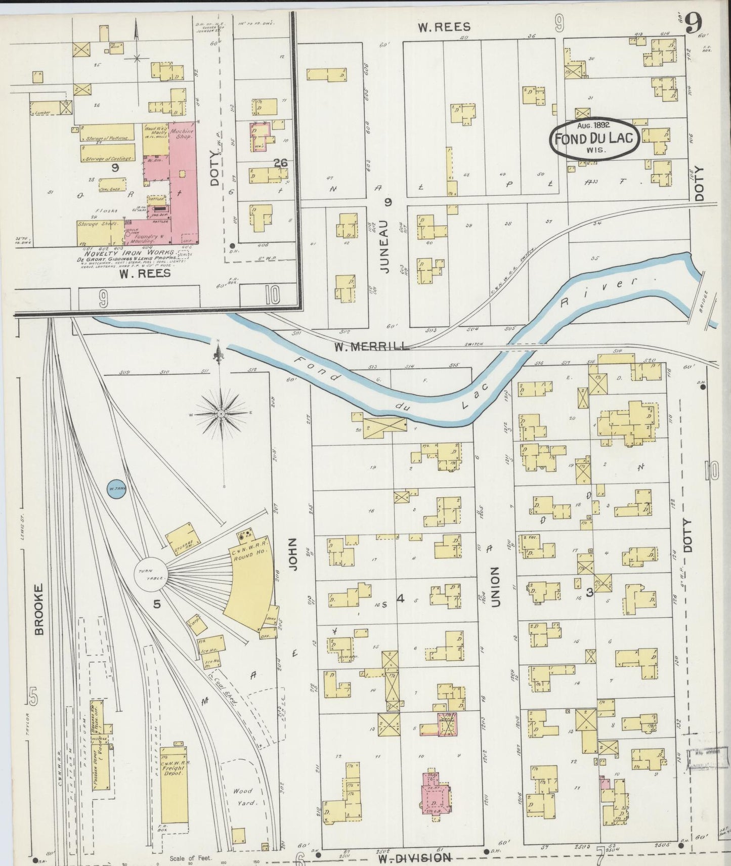 Sanborn Fire Insurance Map from Fond du Lac, Fond du Lac County, Wisconsin (1892), Sheet #0009 - Historic Sanborn Fire Insurance Map Print, vintage old map wall art, antique decor, genealogy gift, Wisconsin Wisconsin map