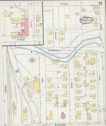 Sanborn Fire Insurance Map from Fond du Lac, Fond du Lac County, Wisconsin (1892), Sheet #0009 - Historic Sanborn Fire Insurance Map Print, vintage old map wall art, antique decor, genealogy gift, Wisconsin Wisconsin map