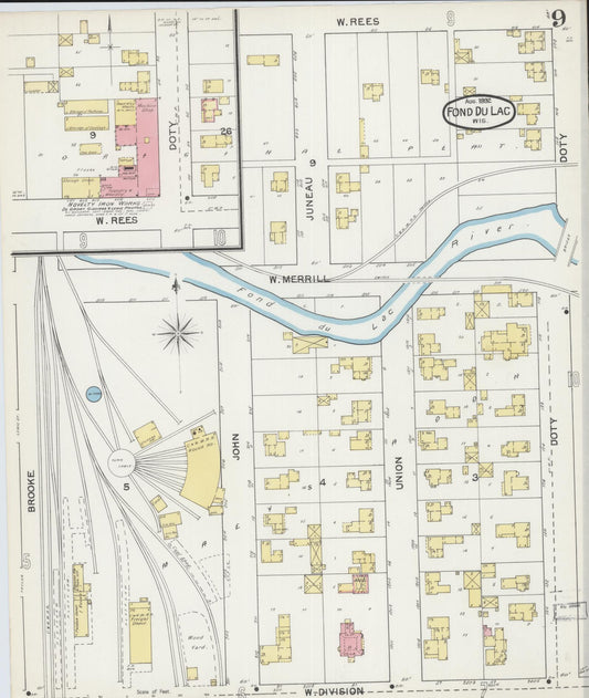 Sanborn Fire Insurance Map from Fond du Lac, Fond du Lac County, Wisconsin (1892), Sheet #0009 - Historic Sanborn Fire Insurance Map Print, vintage old map wall art, antique decor, genealogy gift, Wisconsin Wisconsin map