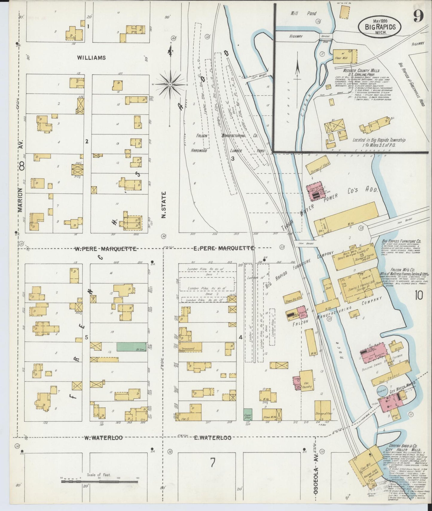 Sanborn Fire Insurance Map from Big Rapids, Mecosta County, Michigan (1899), Sheet #0009 - Complete Map Set gallery image, historic Sanborn map, vintage wall art, Michigan Michigan