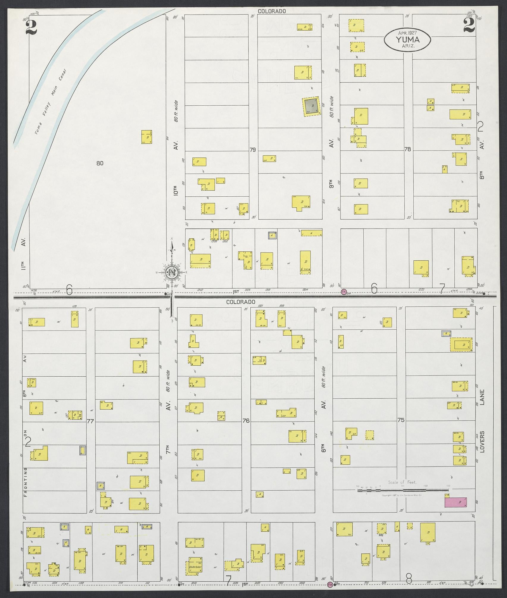 Sanborn Fire Insurance Map from Yuma, Yuma County, Arizona (1927), Sheet #0002 - Complete Map Set gallery image, historic Sanborn map, vintage wall art, Arizona Arizona