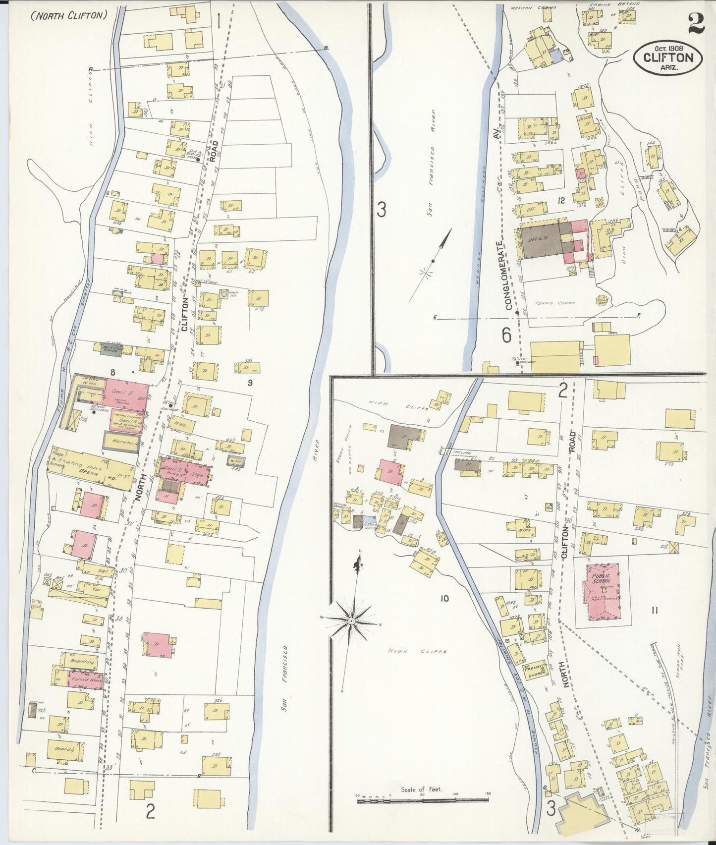 Sanborn Fire Insurance Map from Clifton, Greenlee County, Arizona (1908), Sheet #0002 - Historic Sanborn Fire Insurance Map Print, vintage old map wall art, antique decor, genealogy gift, Arizona Arizona map
