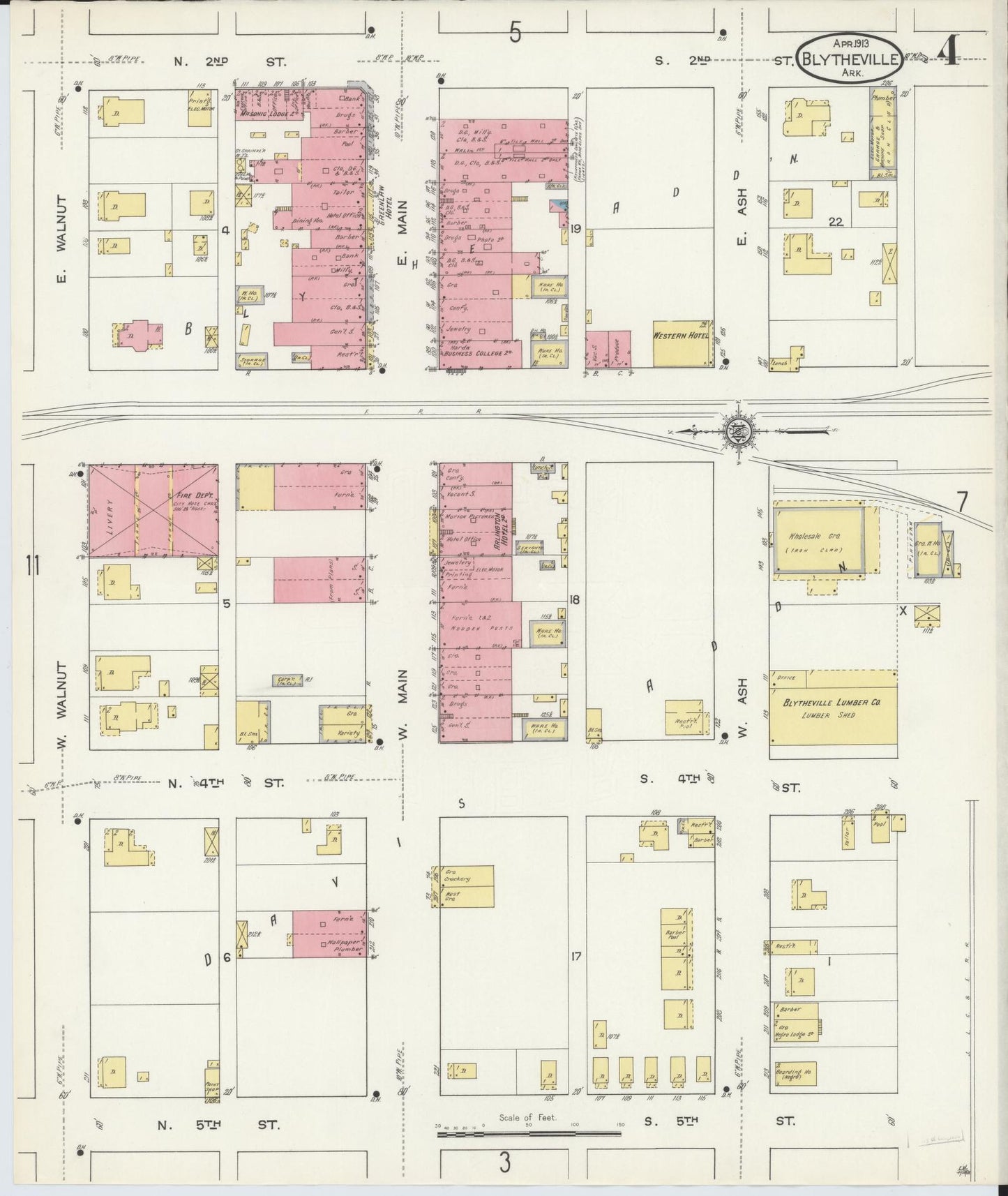 Sanborn Fire Insurance Map from Blytheville, Mississippi County, Arkansas (1913), Sheet #0004 - Complete Map Set gallery image, historic Sanborn map, vintage wall art, Arkansas Arkansas