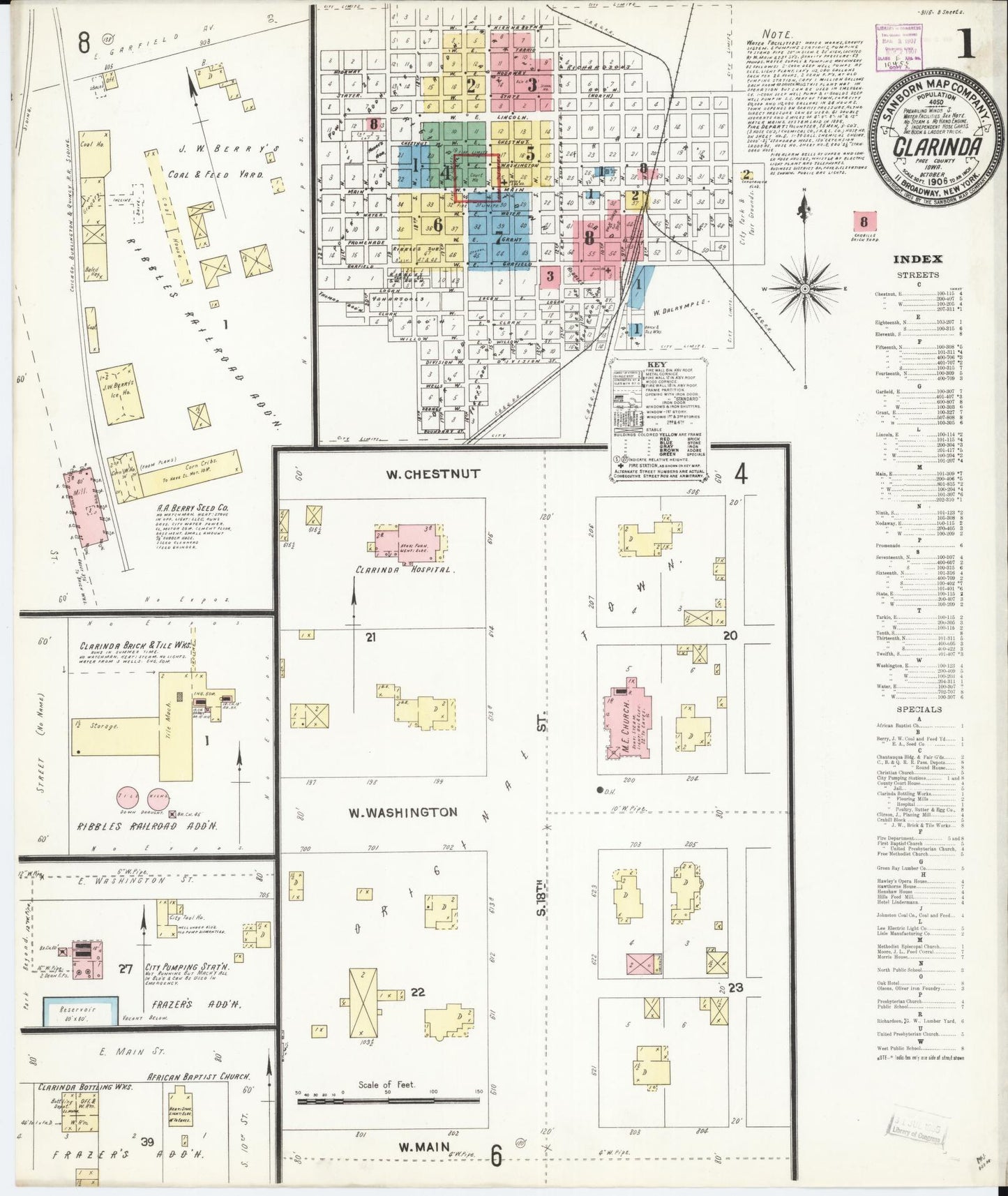 Sanborn Fire Insurance Map from Clarinda, Page County, Iowa (1906), Sheet #0001 - Historic Sanborn Fire Insurance Map Print, vintage old map wall art