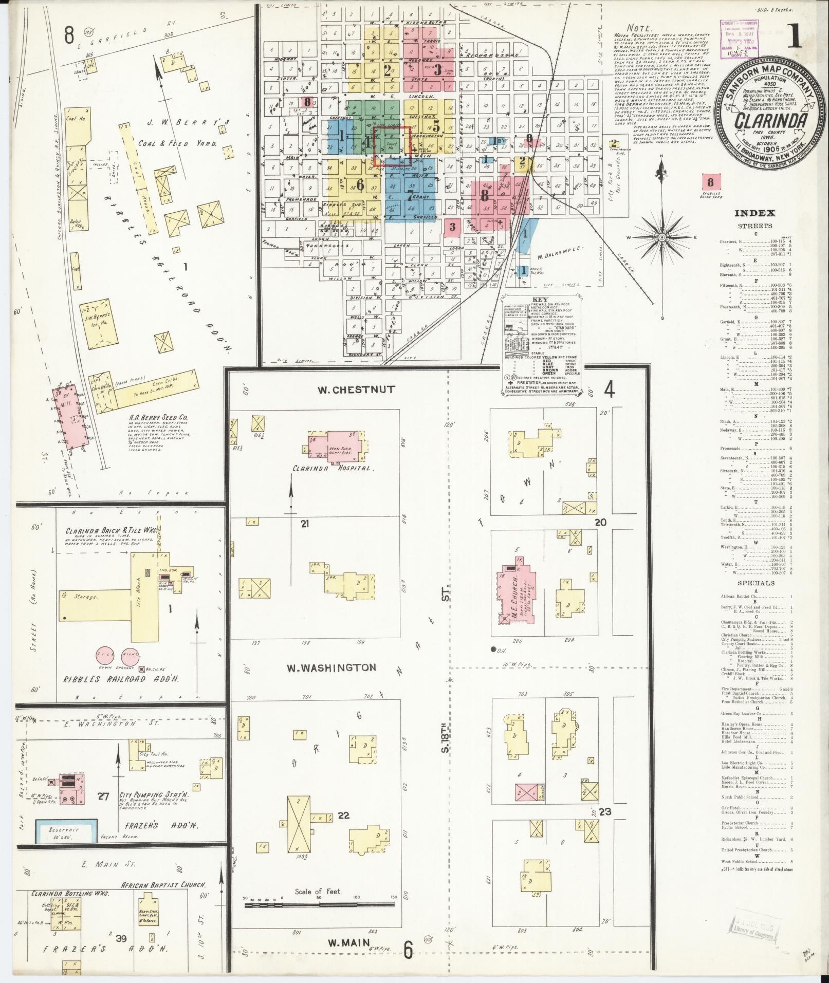 Sanborn Fire Insurance Map from Clarinda, Page County, Iowa (1906), Sheet #0001 - Historic Sanborn Fire Insurance Map Print, vintage old map wall art