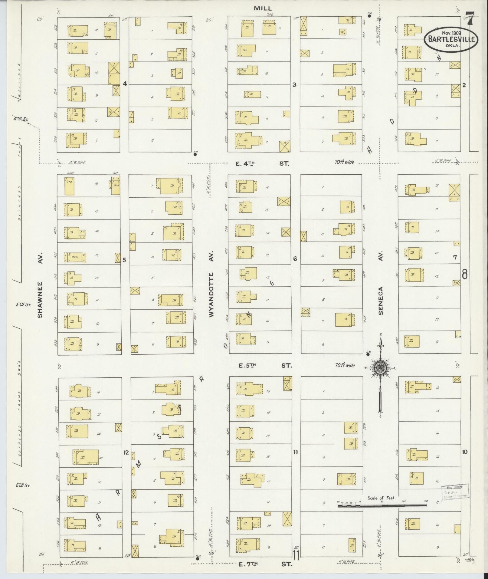 Sanborn Fire Insurance Map from Bartlesville, Washington County, Oklahoma (1909), Sheet #0007 - Historic Sanborn Fire Insurance Map Print, vintage old map wall art, antique decor, genealogy gift, Oklahoma Oklahoma map