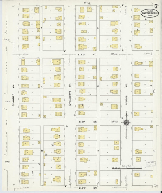 Sanborn Fire Insurance Map from Bartlesville, Washington County, Oklahoma (1909), Sheet #0007 - Historic Sanborn Fire Insurance Map Print, vintage old map wall art, antique decor, genealogy gift, Oklahoma Oklahoma map