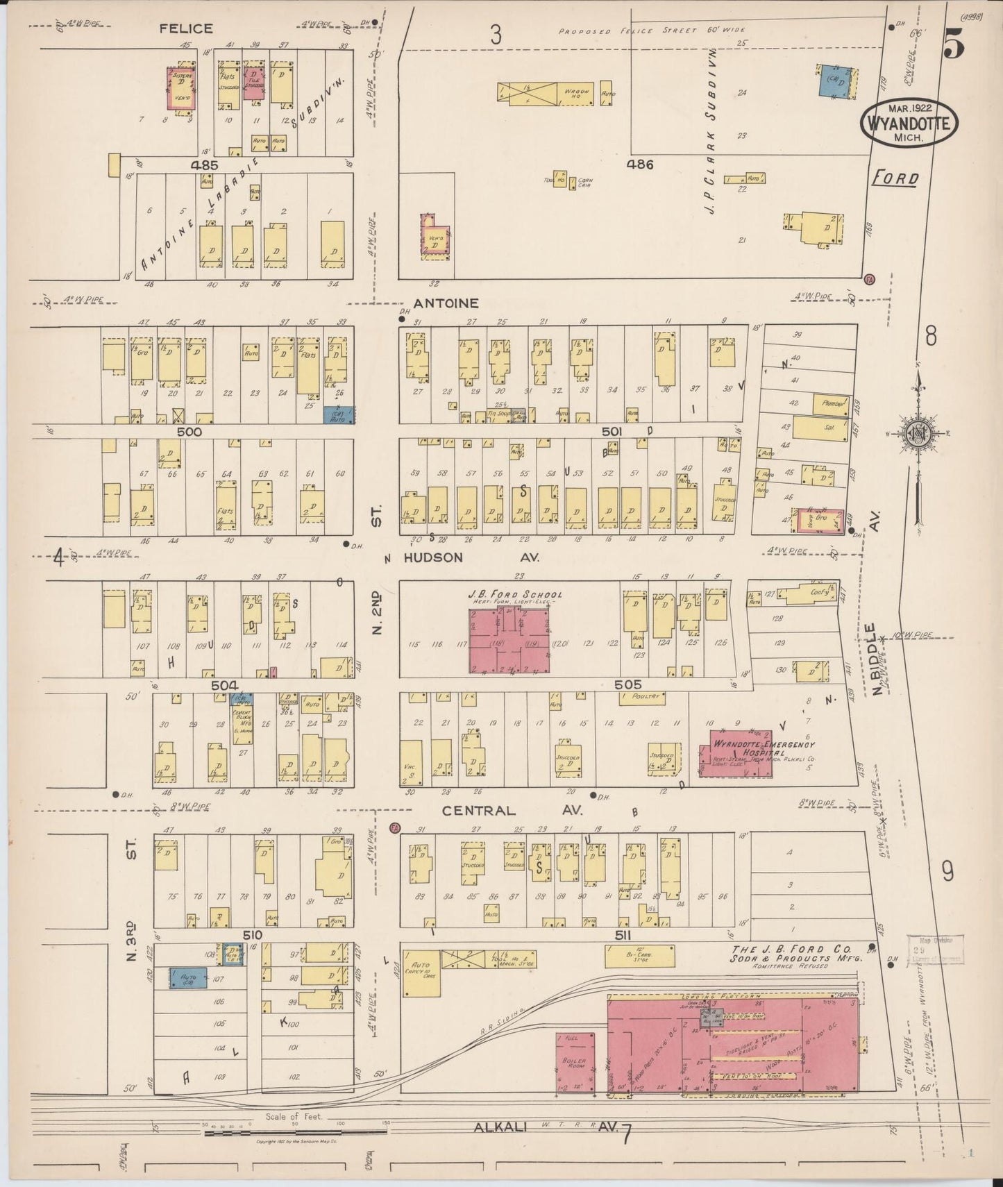 Sanborn Fire Insurance Map from Wyandotte, Wayne County, Michigan (1922), Sheet #0005 - Historic Sanborn Fire Insurance Map Print, vintage old map wall art, antique decor, genealogy gift, Michigan Michigan map