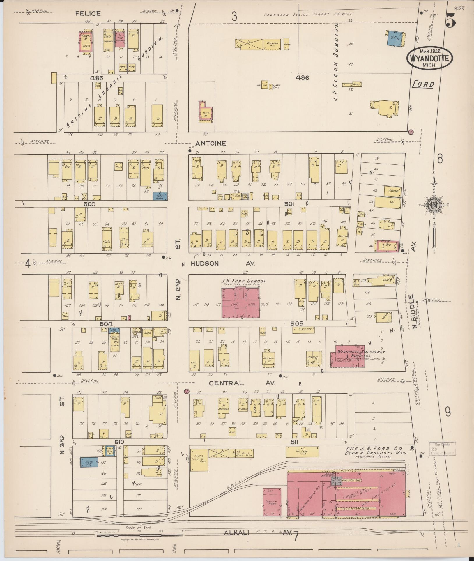 Sanborn Fire Insurance Map from Wyandotte, Wayne County, Michigan (1922), Sheet #0005 - Historic Sanborn Fire Insurance Map Print, vintage old map wall art, antique decor, genealogy gift, Michigan Michigan map