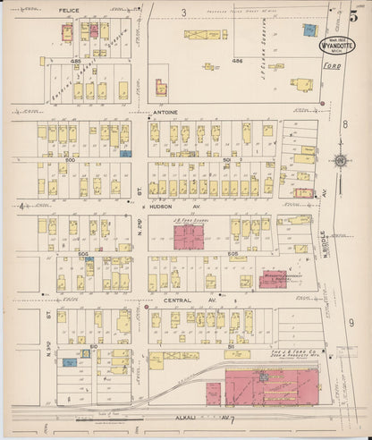 Sanborn Fire Insurance Map from Wyandotte, Wayne County, Michigan (1922), Sheet #0005 - Historic Sanborn Fire Insurance Map Print, vintage old map wall art, antique decor, genealogy gift, Michigan Michigan map