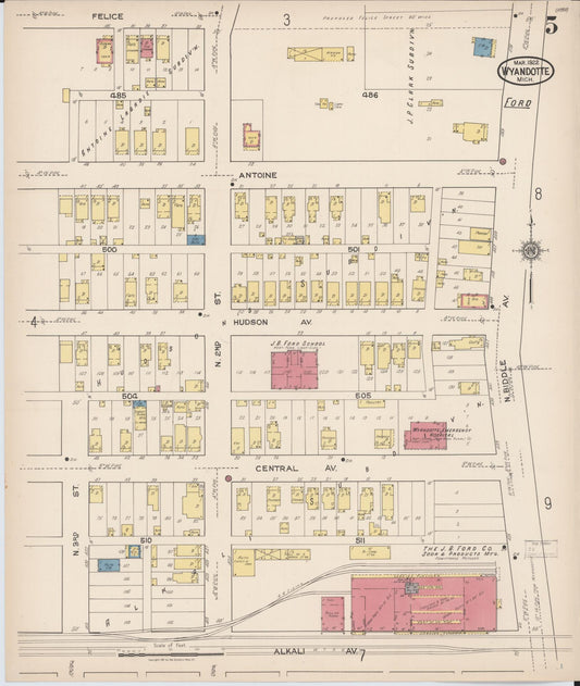 Sanborn Fire Insurance Map from Wyandotte, Wayne County, Michigan (1922), Sheet #0005 - Historic Sanborn Fire Insurance Map Print, vintage old map wall art, antique decor, genealogy gift, Michigan Michigan map