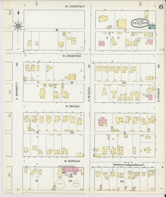 Sanborn Fire Insurance Map from Denison, Grayson County, Texas (1892), Sheet #0006 - Historic Sanborn Fire Insurance Map Print, vintage old map wall art, antique decor, genealogy gift, Texas Texas map