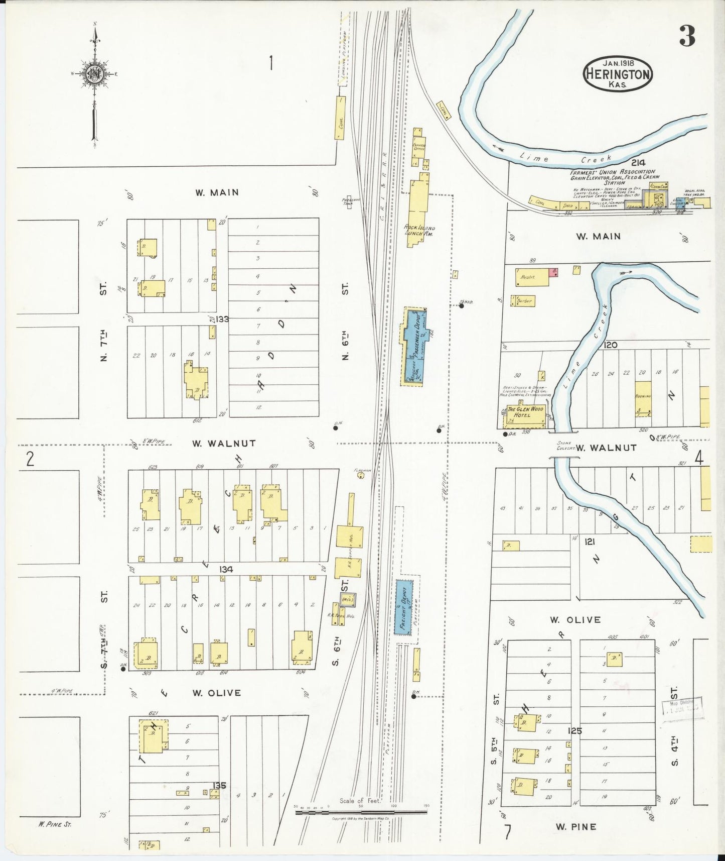 Sanborn Fire Insurance Map from Herington, Dickinson County, Kansas (1918), Sheet #0003 - Complete Map Set gallery image, historic Sanborn map, vintage wall art, Kansas Kansas