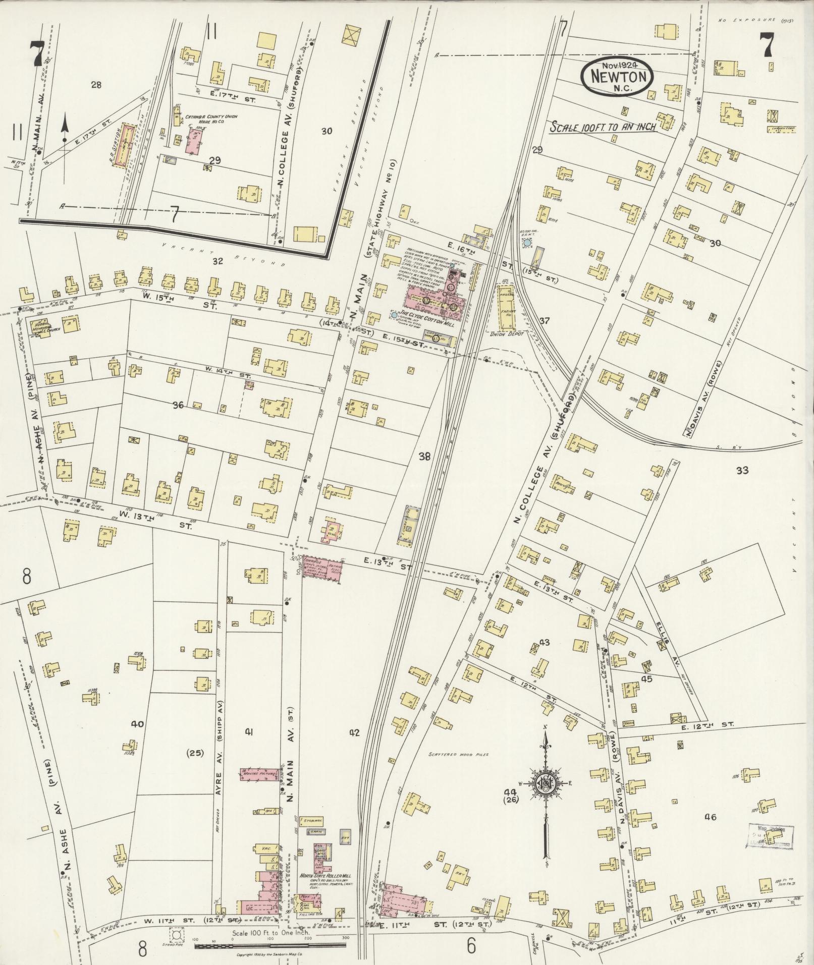 Sanborn Fire Insurance Map from Newton, Catawba County, North Carolina (1924), Sheet #0007 - Historic Sanborn Fire Insurance Map Print, vintage old map wall art, antique decor, genealogy gift, North Carolina North Carolina map