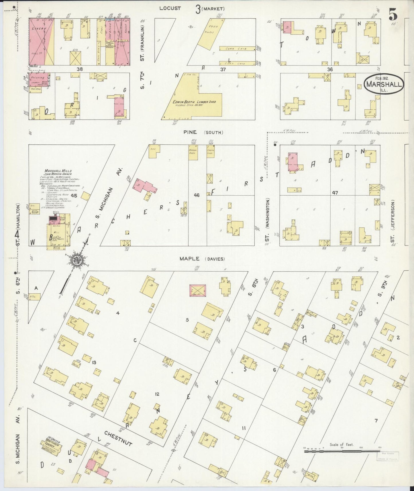 Sanborn Fire Insurance Map from Marshall, Clark County, Illinois (1912), Sheet #0005 - Historic Sanborn Fire Insurance Map Print, vintage old map wall art, antique decor, genealogy gift, Illinois Illinois map
