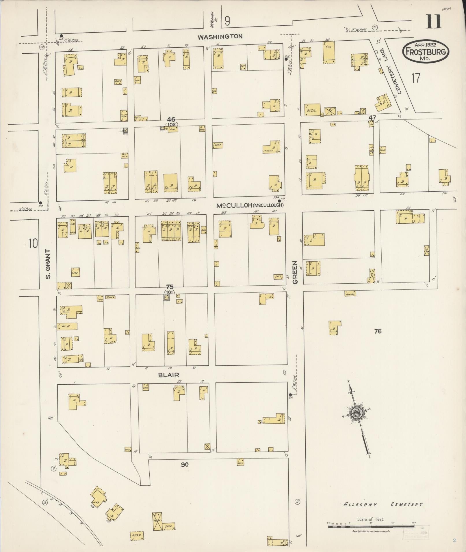 Sanborn Fire Insurance Map from Frostburg, Allegany County, Maryland (1922), Sheet #0011 - Historic Sanborn Fire Insurance Map Print, vintage old map wall art