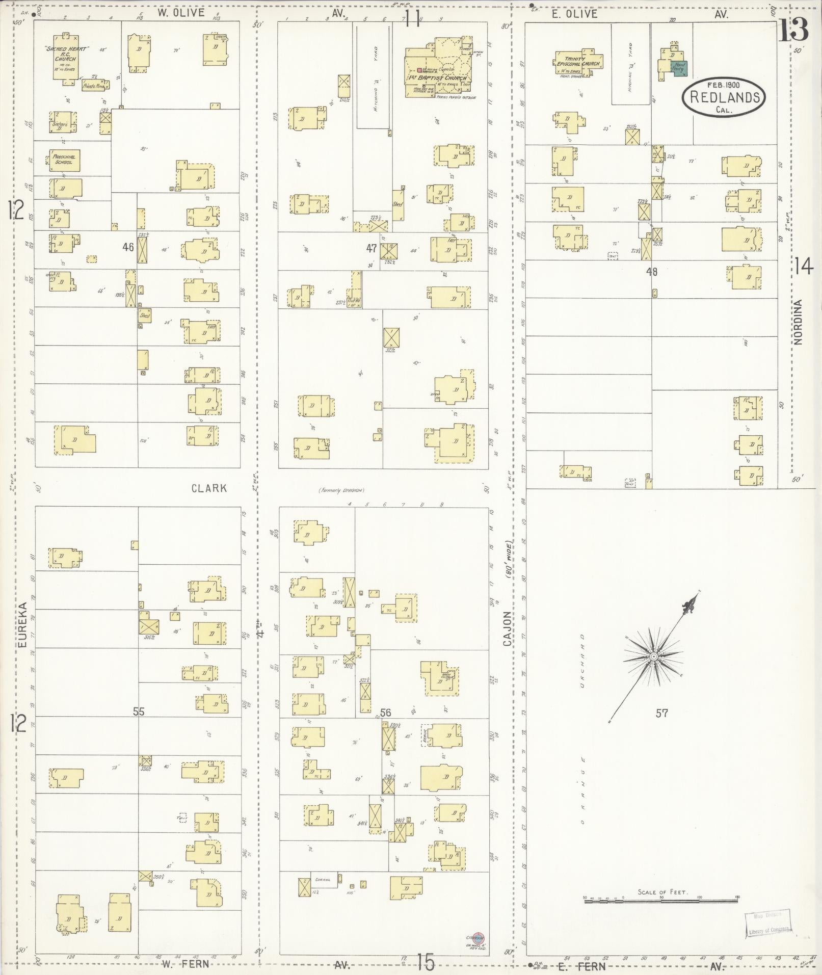 Sanborn Fire Insurance Map from Redlands, San Bernardino County, California (1900), Sheet #0013 - Complete Map Set gallery image, historic Sanborn map, vintage wall art, California California