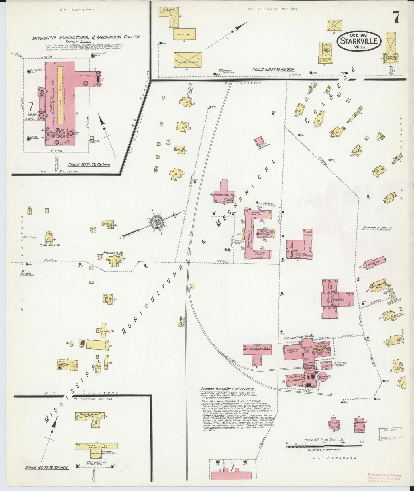 Sanborn Fire Insurance Map from Starkville, Oktibbeha County, Mississippi (1918), Sheet #0007 - Historic Sanborn Fire Insurance Map Print, vintage old map wall art, antique decor, genealogy gift, Mississippi Mississippi map