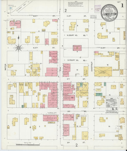 Sanborn Fire Insurance Map from Lumberton, Robeson County, North Carolina (1904), Sheet #0001 - Complete Map Set gallery image, historic Sanborn map, vintage wall art, North Carolina North Carolina