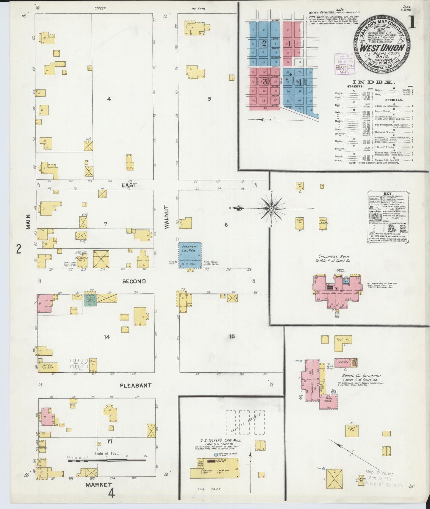 Sanborn Fire Insurance Map from West Union, Adams County, Ohio (1904), Sheet #0001 - Historic Sanborn Fire Insurance Map Print, vintage old map wall art, antique decor, genealogy gift, Ohio Ohio map