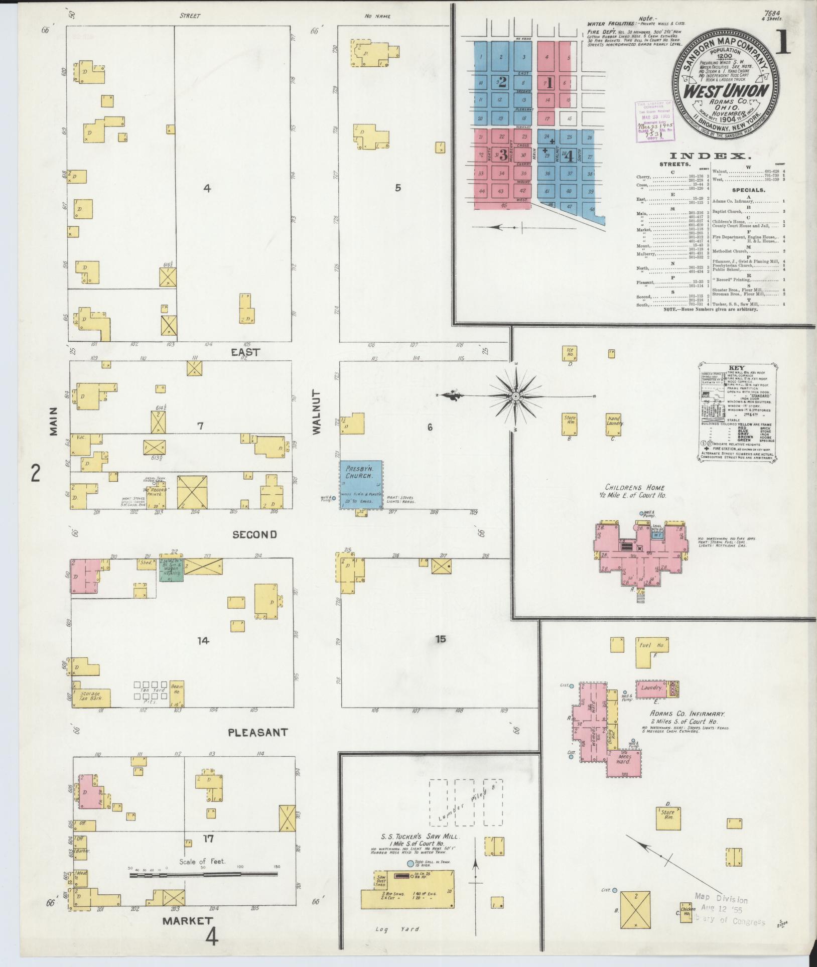 Sanborn Fire Insurance Map from West Union, Adams County, Ohio (1904), Sheet #0001 - Historic Sanborn Fire Insurance Map Print, vintage old map wall art, antique decor, genealogy gift, Ohio Ohio map