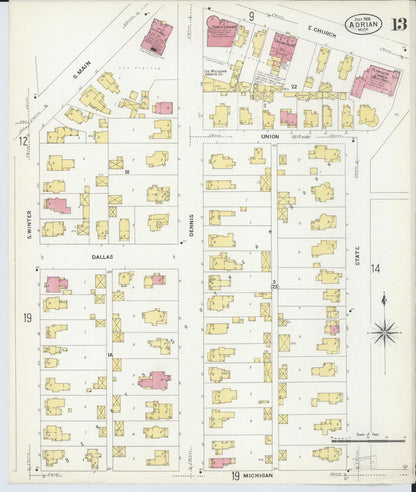 Sanborn Fire Insurance Map from Adrian, Lenawee County, Michigan (1908), Sheet #0013 - Historic Sanborn Fire Insurance Map Print, vintage old map wall art, antique decor, genealogy gift, Michigan Michigan map