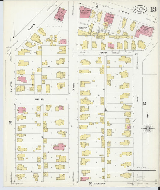 Sanborn Fire Insurance Map from Adrian, Lenawee County, Michigan (1908), Sheet #0013 - Historic Sanborn Fire Insurance Map Print, vintage old map wall art, antique decor, genealogy gift, Michigan Michigan map