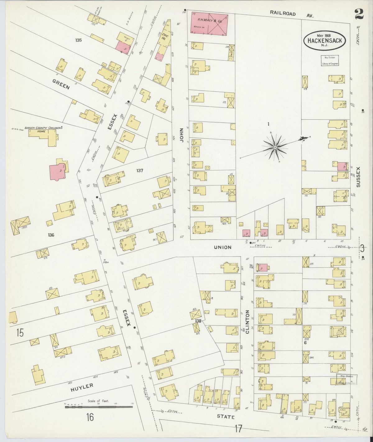 Sanborn Fire Insurance Map from Hackensack, Bergen County, New Jersey (1908), Sheet #0002 - Complete Map Set gallery image, historic Sanborn map, vintage wall art, New Jersey New Jersey
