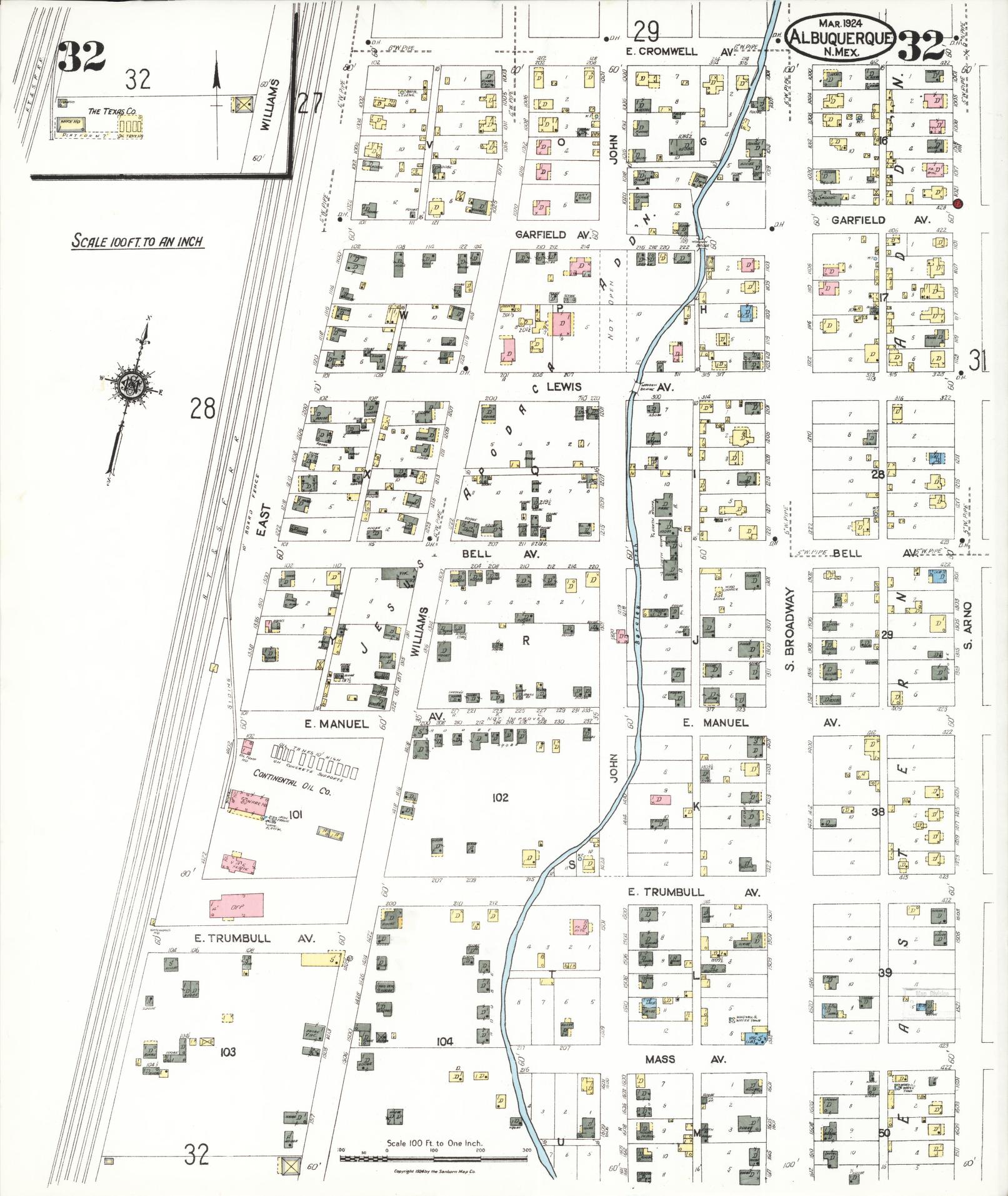 Sanborn Fire Insurance Map from Albuquerque, Bernalillo County, New Mexico (1924), Sheet #0032 - Historic Sanborn Fire Insurance Map Print, vintage old map wall art, antique decor, genealogy gift, New Mexico New Mexico map