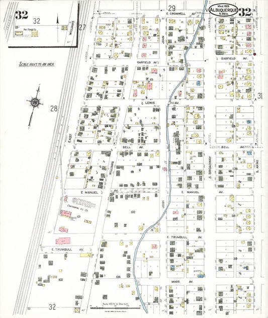 Sanborn Fire Insurance Map from Albuquerque, Bernalillo County, New Mexico (1924), Sheet #0032 - Historic Sanborn Fire Insurance Map Print, vintage old map wall art, antique decor, genealogy gift, New Mexico New Mexico map