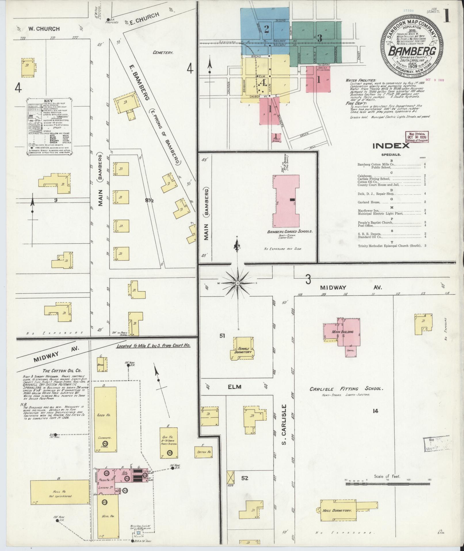 Sanborn Fire Insurance Map from Bamberg, Bamberg County, South Carolina (1909), Sheet #0001 - Complete Map Set gallery image, historic Sanborn map, vintage wall art, South Carolina South Carolina